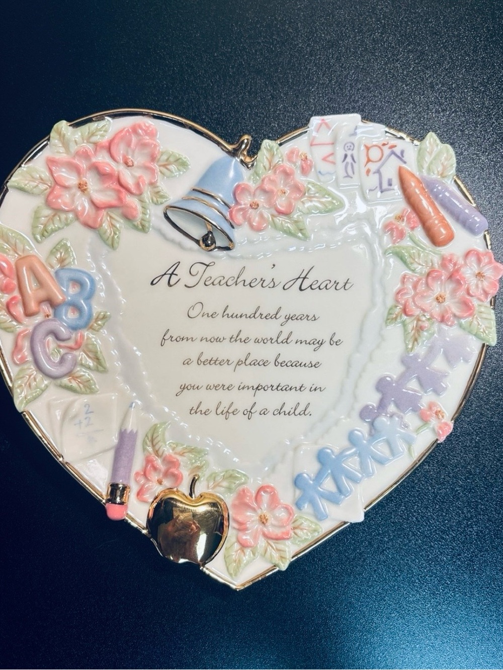 A Teacher's Heart Porcelain Heart Plaque with Pink Floral Accents